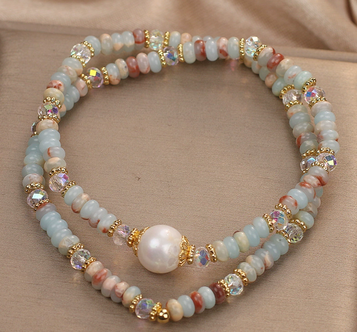 Freshwater Pearl & Natural Amazonite Double Wrap Bracelet | Boho Crystal Beaded Gemstone Jewelry