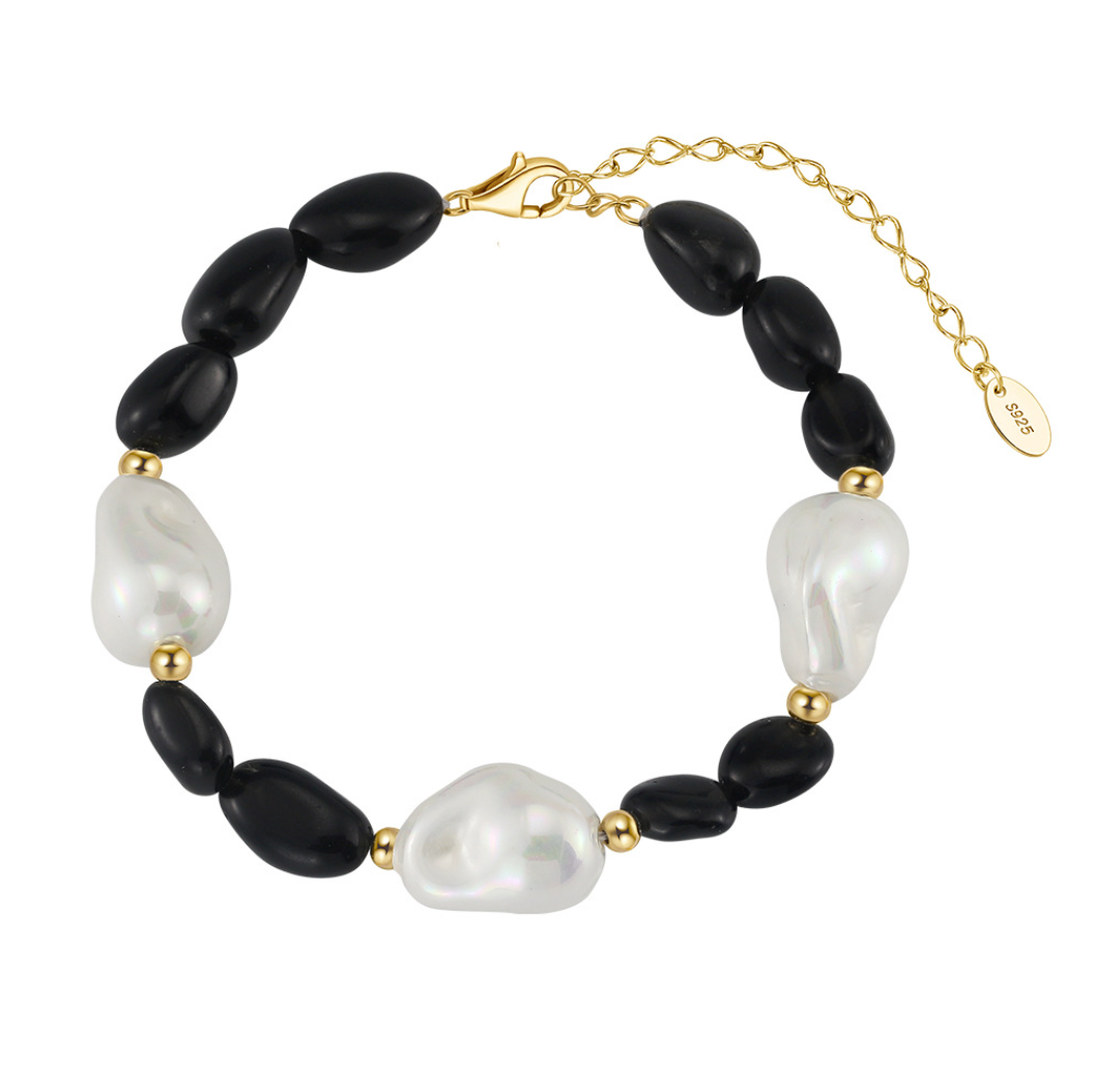 Baroque Pearl & Black Obsidian Bracelet Baroque Shell Pearls, Polished Black Onyx, 14K Gold Plated S925 Sterling Silver