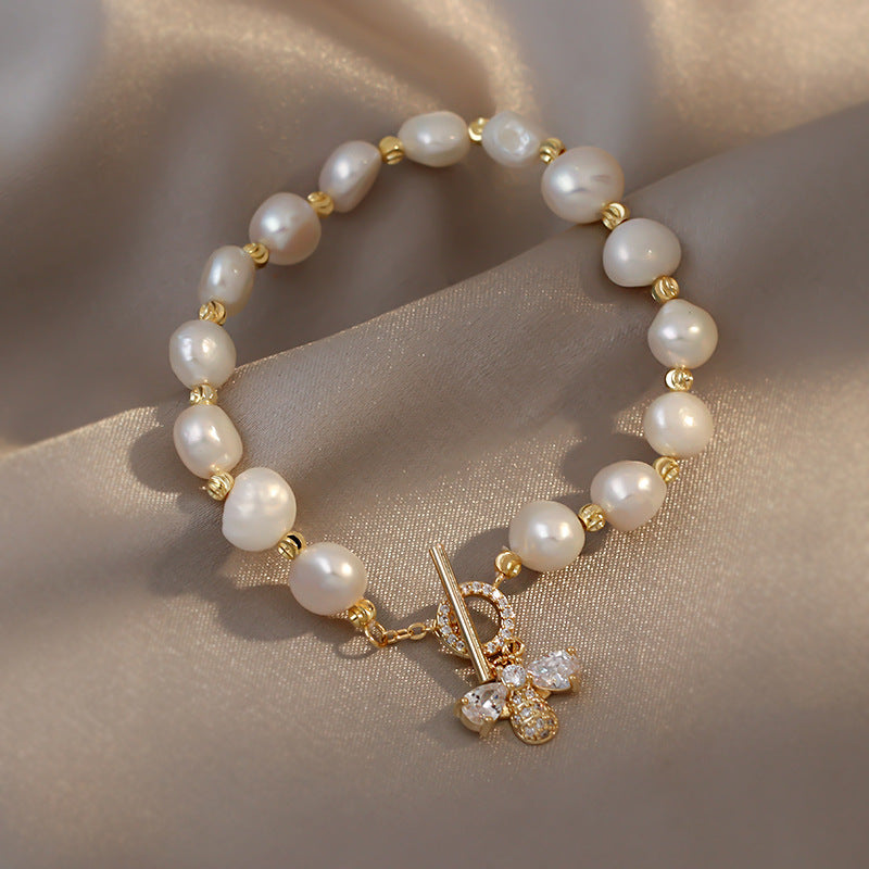 The "Queen Bee" Pearl Bracelet | Crystal Bee Toggle Charm