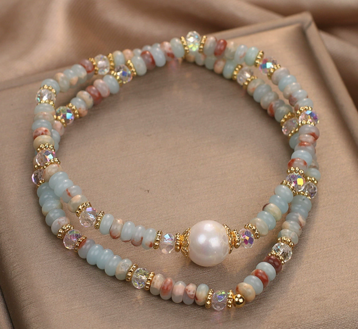 Freshwater Pearl & Natural Amazonite Double Wrap Bracelet | Boho Crystal Beaded Gemstone Jewelry
