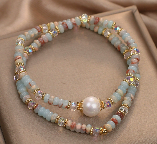 Freshwater Pearl & Natural Amazonite Double Wrap Bracelet | Boho Crystal Beaded Gemstone Jewelry