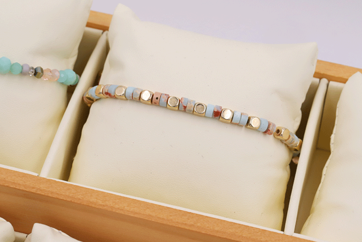 Handmade Natural Stone & Gold Beaded Bracelet | Boho Jasper Cube Stretch Bracelet for Stacking