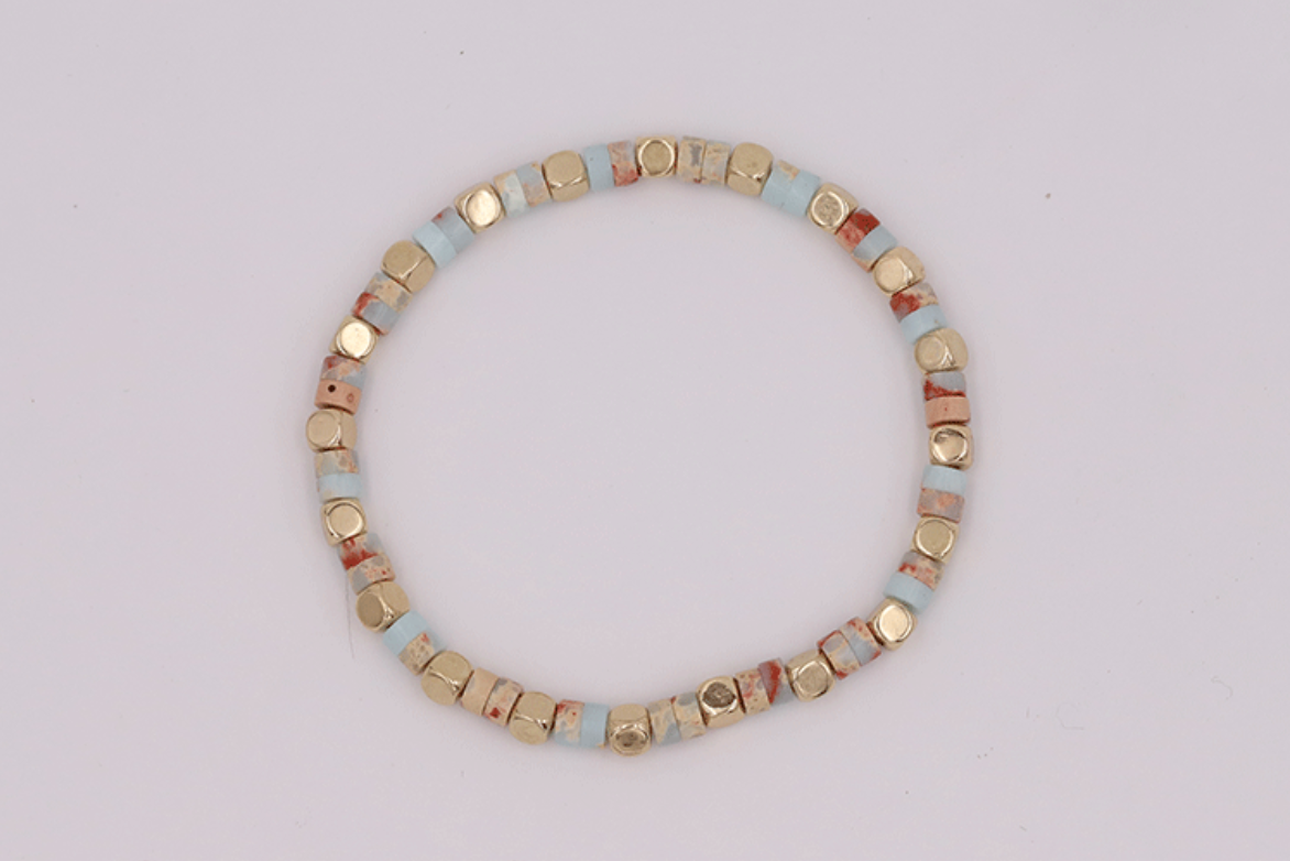 Handmade Natural Stone & Gold Beaded Bracelet | Boho Jasper Cube Stretch Bracelet for Stacking