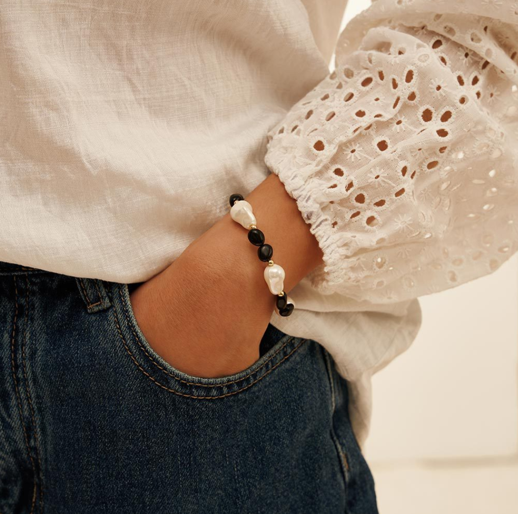 Baroque Pearl & Black Obsidian Bracelet Baroque Shell Pearls, Polished Black Onyx, 14K Gold Plated S925 Sterling Silver