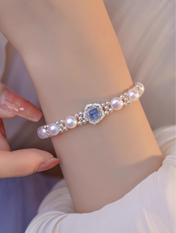 The "Clara" Aquamarine & Pearl Halo Bracelet | Something Blue Bridal Jewelry