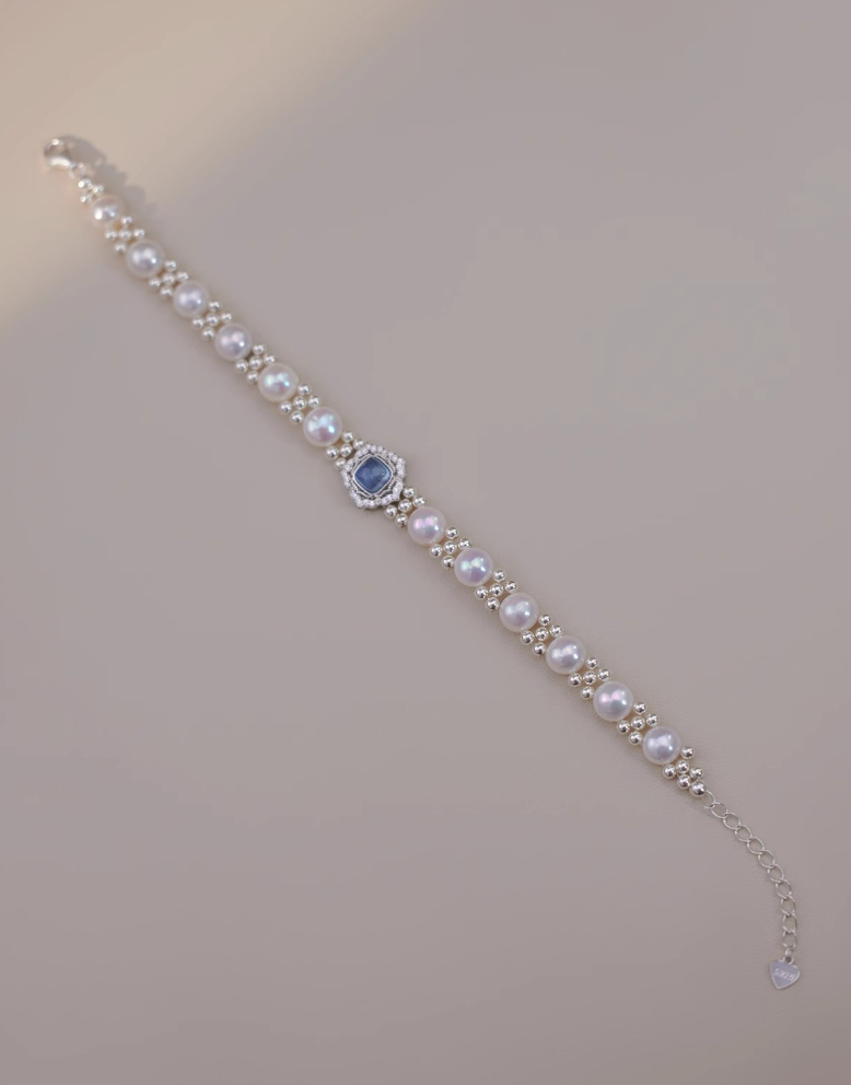 The "Clara" Aquamarine & Pearl Halo Bracelet | Something Blue Bridal Jewelry