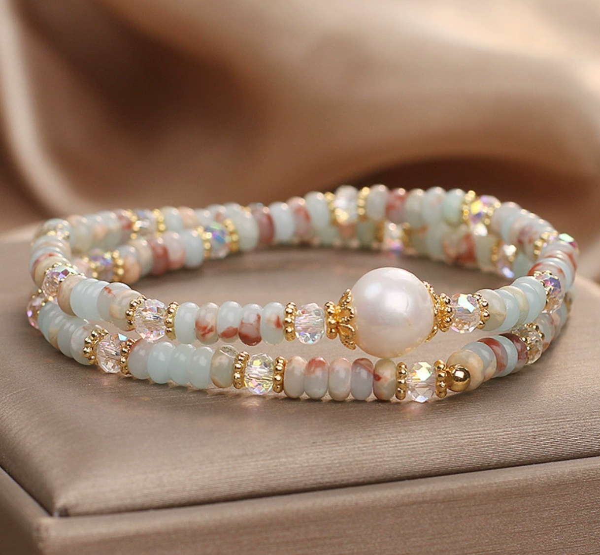 Freshwater Pearl & Natural Amazonite Double Wrap Bracelet | Boho Crystal Beaded Gemstone Jewelry
