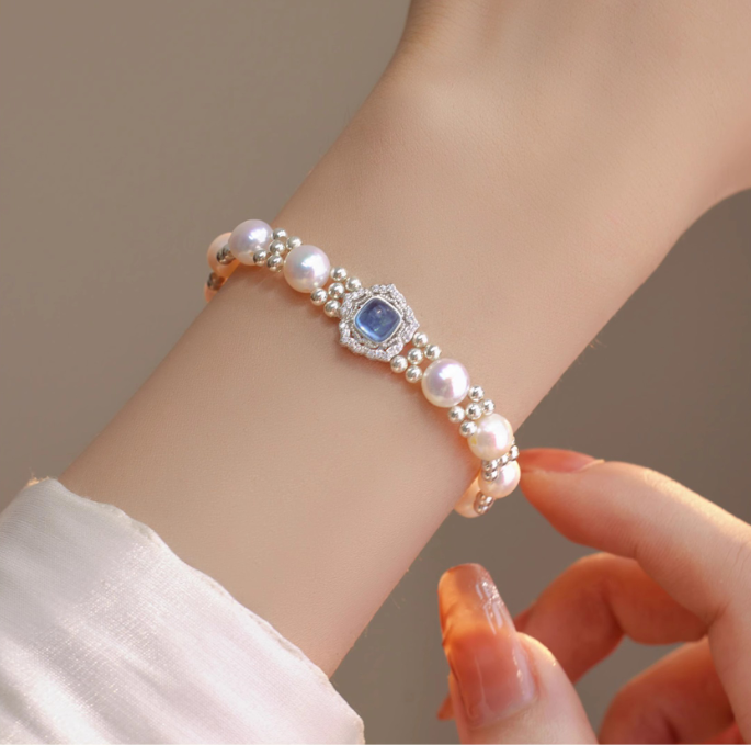 The "Clara" Aquamarine & Pearl Halo Bracelet | Something Blue Bridal Jewelry