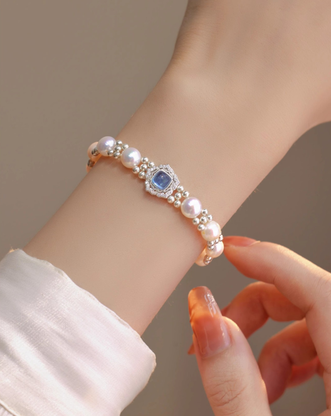 The "Clara" Aquamarine & Pearl Halo Bracelet | Something Blue Bridal Jewelry