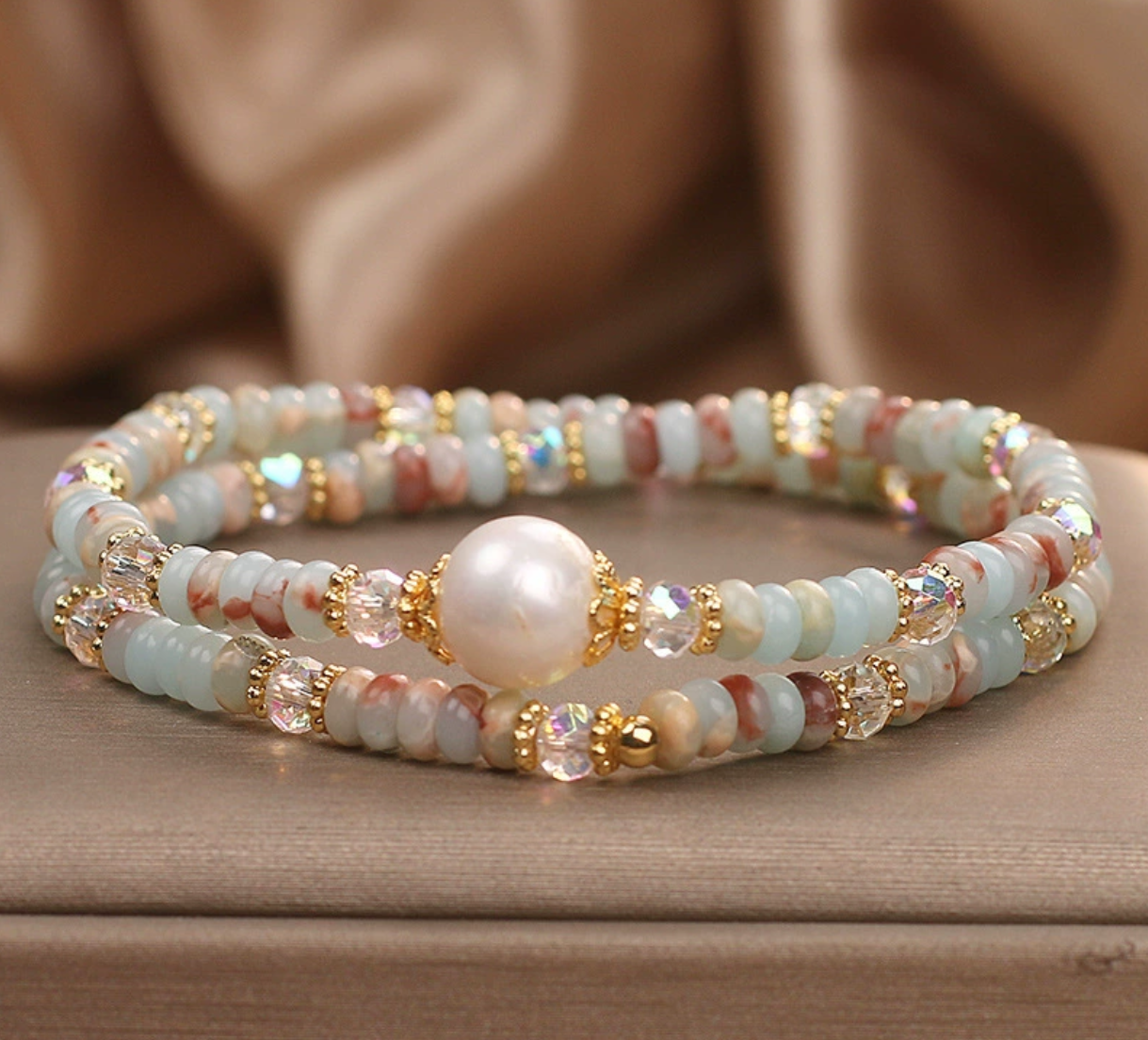 Freshwater Pearl & Natural Amazonite Double Wrap Bracelet | Boho Crystal Beaded Gemstone Jewelry