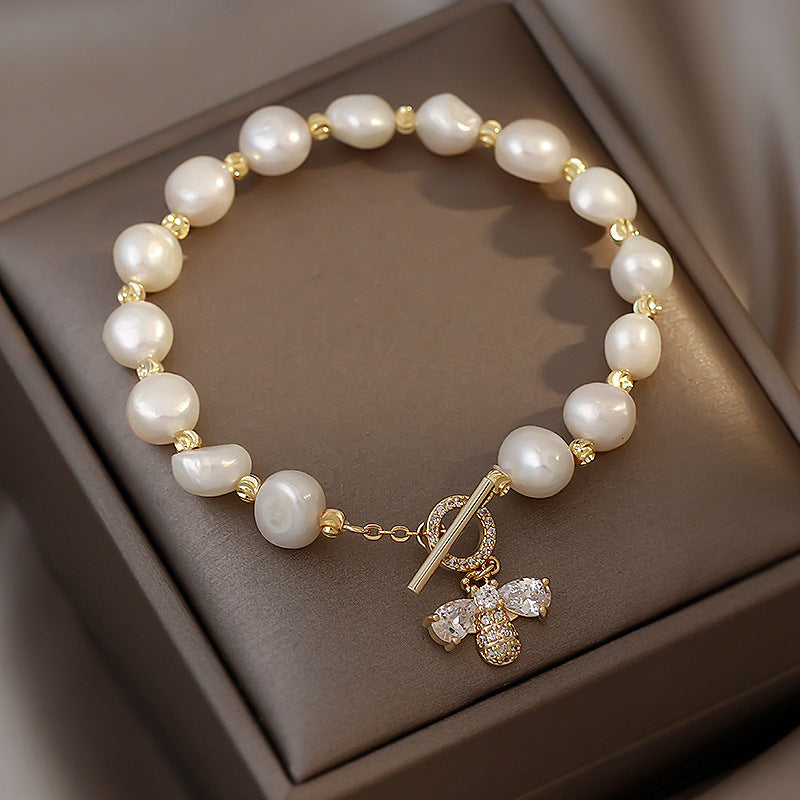The "Queen Bee" Pearl Bracelet | Crystal Bee Toggle Charm
