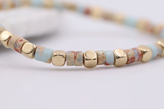 Handmade Natural Stone & Gold Beaded Bracelet | Boho Jasper Cube Stretch Bracelet for Stacking