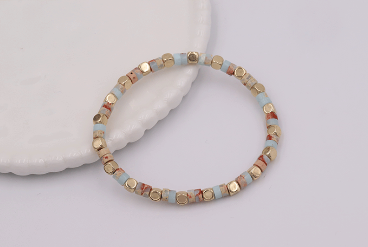 Handmade Natural Stone & Gold Beaded Bracelet | Boho Jasper Cube Stretch Bracelet for Stacking