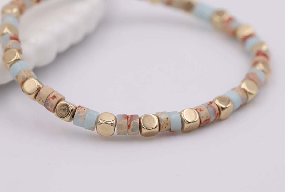 Handmade Natural Stone & Gold Beaded Bracelet | Boho Jasper Cube Stretch Bracelet for Stacking