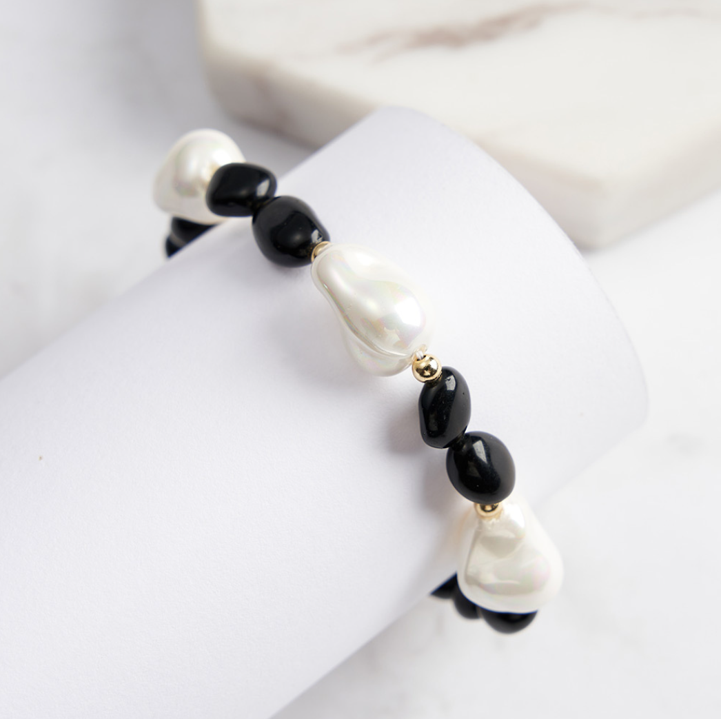 Baroque Pearl & Black Obsidian Bracelet Baroque Shell Pearls, Polished Black Onyx, 14K Gold Plated S925 Sterling Silver