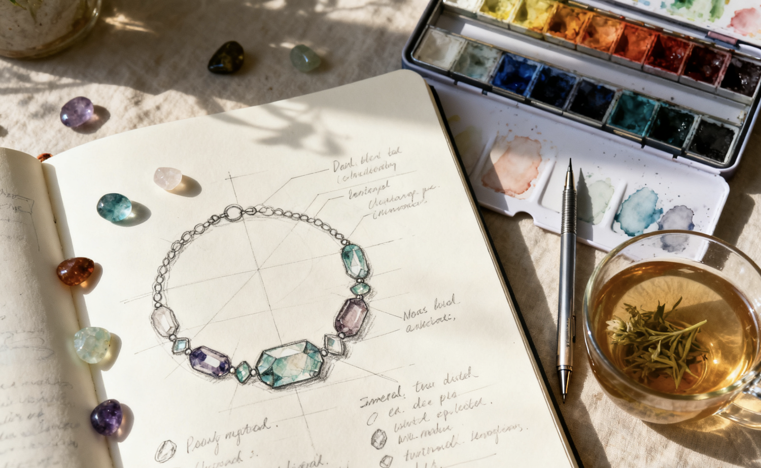 The design sketchbook and creative workspace behind SelectNova's handcrafted jewelry, showing the passion and process.