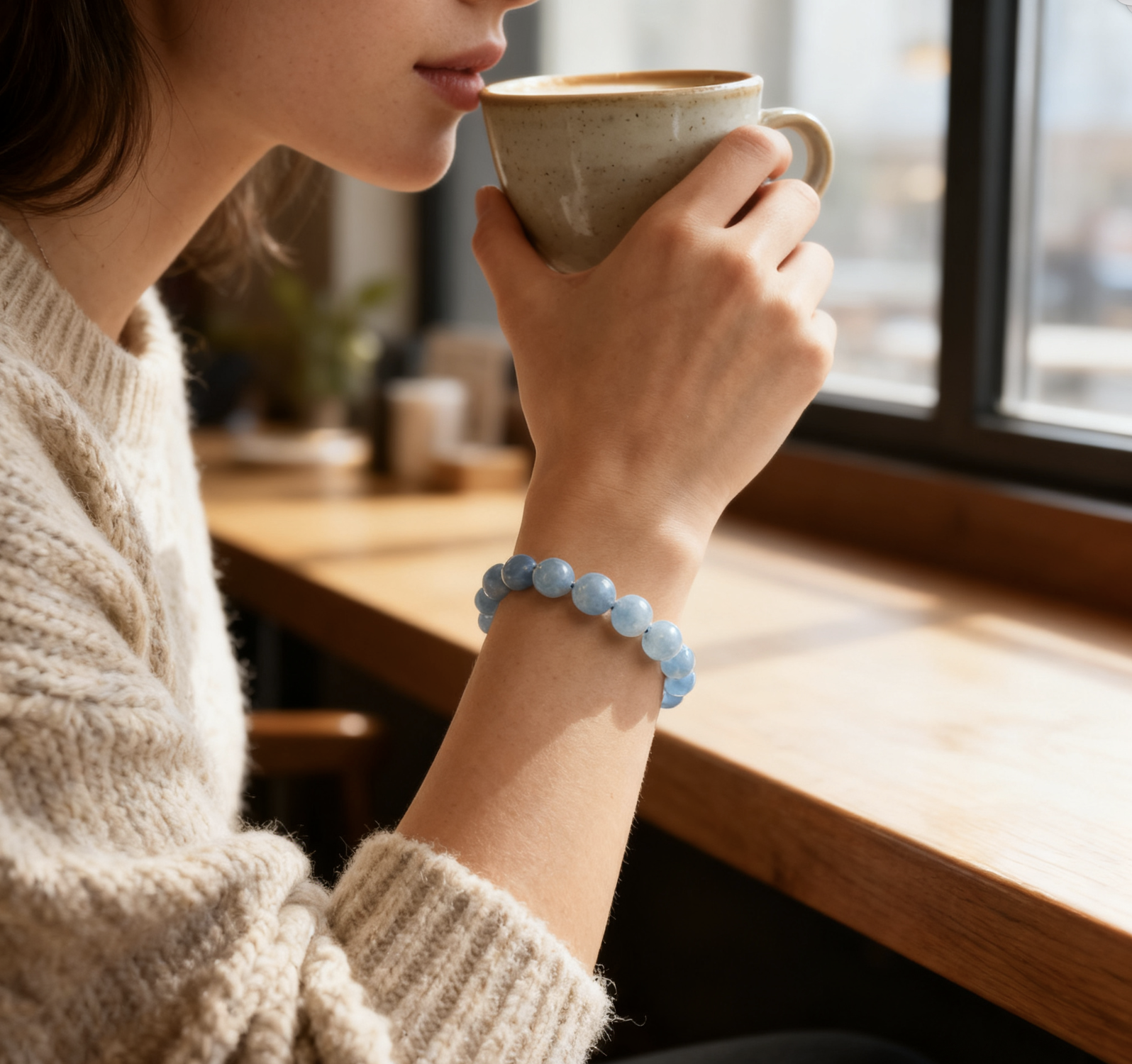 A happy customer wearing her SelectNova gemstone bracelet while enjoying a coffee, showing its perfect for daily elegance.