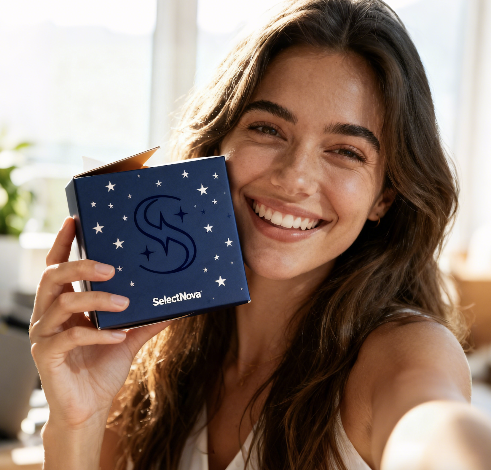 A delighted customer receiving a SelectNova jewelry piece as a gift, highlighting the beautiful packaging.