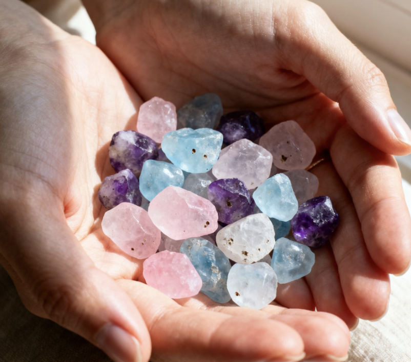 A pair of hands carefully holding raw, natural gemstones, representing SelectNova's commitment to ethically sourced materials.