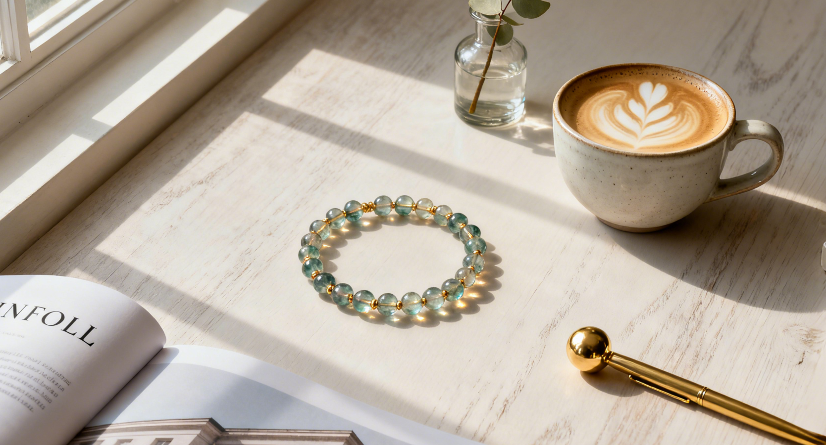 An elegant gemstone bracelet from SelectNova resting on a sunlit wooden desk, beside a Kinfolk magazine and a cup of coffee with latte art.