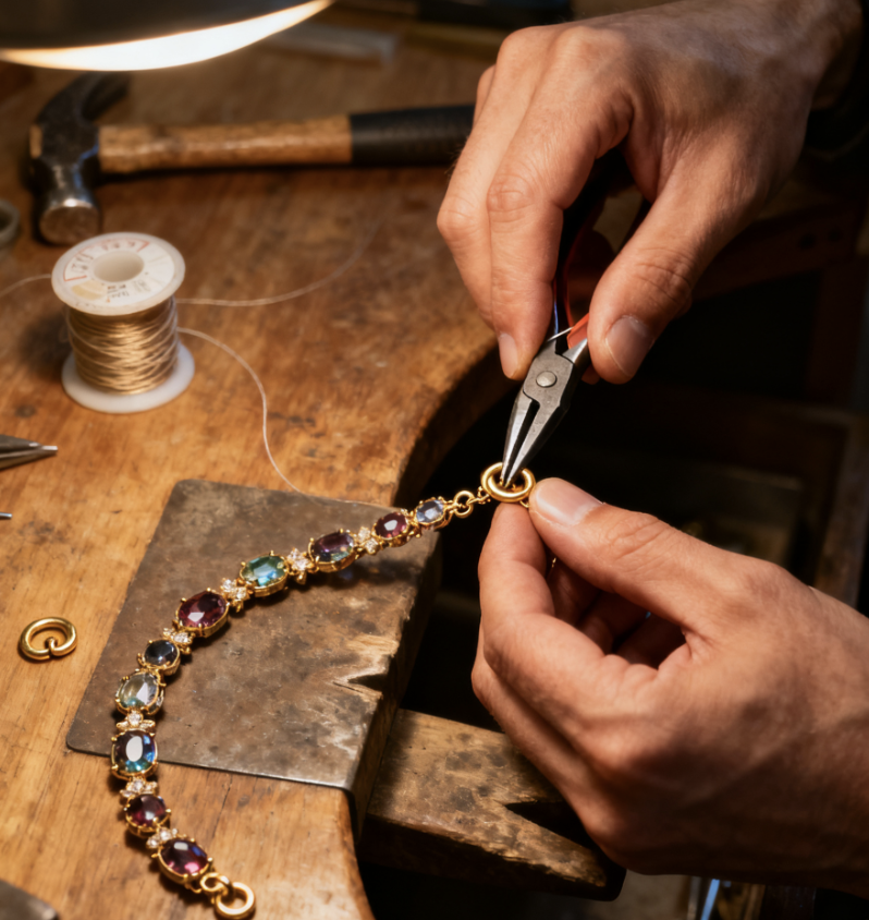 Close-up of an artisan's hands skillfully crafting a gemstone bracelet at a workbench, showcasing SelectNova's dedication to handmade quality.