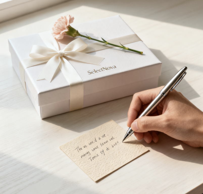 A personal note being handwritten next to a beautifully wrapped SelectNova gift box, emphasizing the art of thoughtful gifting.