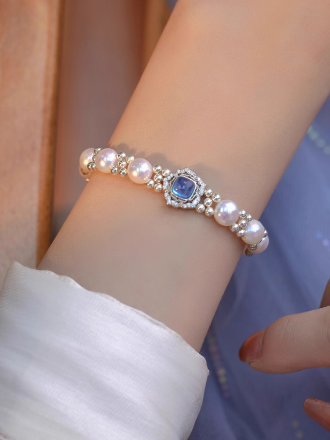 The "Clara" Aquamarine & Pearl Halo Bracelet | Something Blue Bridal Jewelry